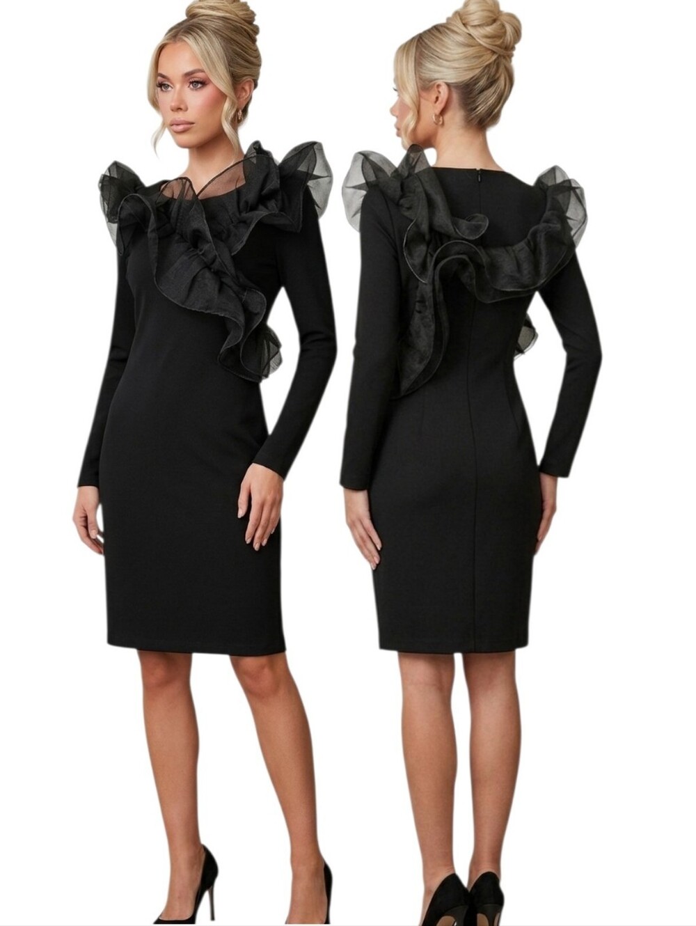 BOSTON PROPER Black Long Sleeve Ruffled Cocktail Dress - Size 8